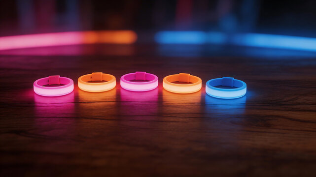 Colorful glowing rings on wooden surface for immersive visual experiences and creative projects