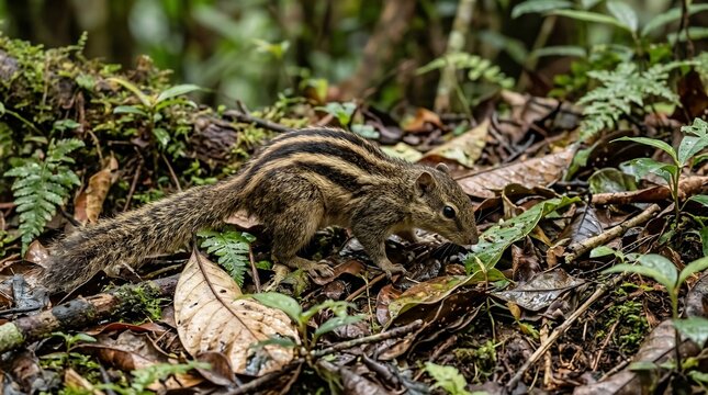 A small Himalayan striped squirrel foraging in the dense forest undergrowth.