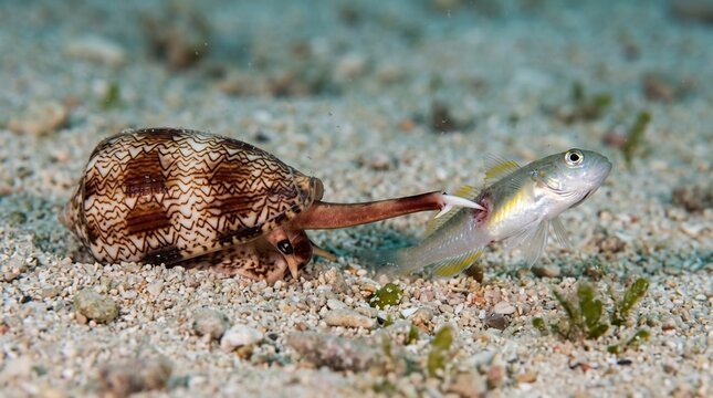 A small goby fish swimming near a cone snail on the sandy ocean floor.