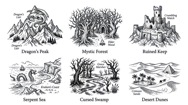 Fantasy Landscape Illustrations: Dragon Peak, Mystic Forest, Ruined Keep, Serpent Sea, Cursed Swamp, Desert Dunes