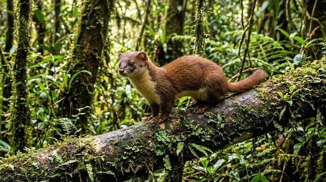 A small Japanese weasel standing on a mossy log in a lush green forest.