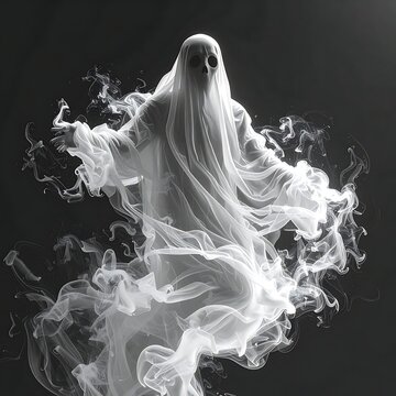 Ghostly figure in smoke and darkness.