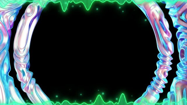 Abstract liquid metal frame curves around a central dark void to provide a modern and stylish border for digital content displays and creative presentations.