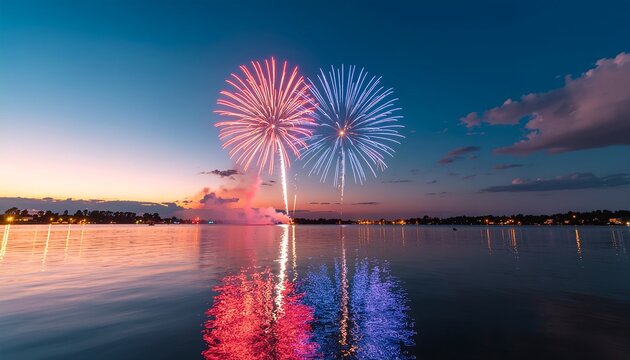 Stunning fireworks display over a calm lake at sunset.