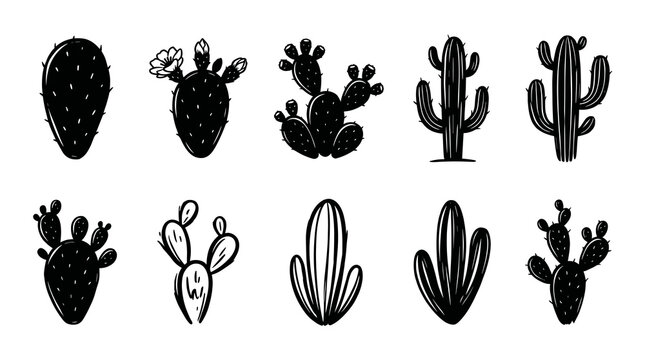 Hand drawn black silhouette nopal cactus vector set, minimalist doodle illustration of various desert succulent plants isolated on white background.