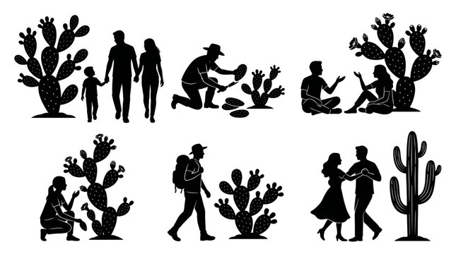 Black silhouette vector set of people interacting with nopal cactus, featuring family walking, couple dancing, and hiker exploring desert landscape isolated on white background.