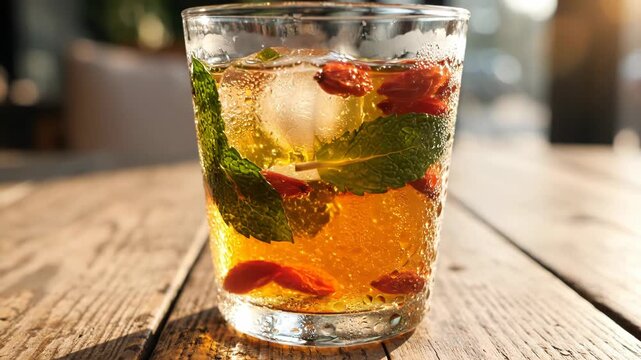 Cold amber herbal tea in a condensation-covered glass featuring ice cubes, fresh mint leaves, and red goji berries resting on a rustic wooden table under warm natural light.