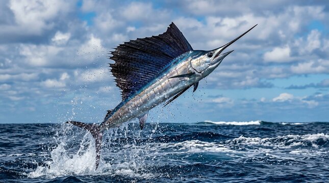 A spectacular sailfish leaping out of the ocean water.
