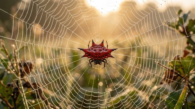 A spiny orb weaver spider sits in the center of its web at sunrise.