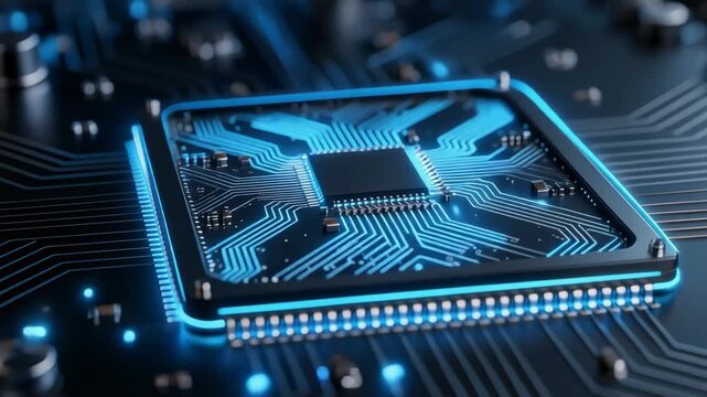 Futuristic glowing microchip with blue light and intricate circuit connections for advanced technology concept