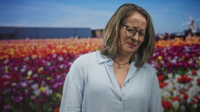 Woman grimaces among tulips near a low industrial building, head bowed and eyes closed; quiet sadness.