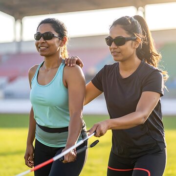 Visually impaired woman with guide running.