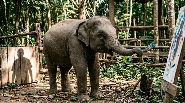 A talented Asian elephant painting a picture on a canvas in a forest sanctuary.