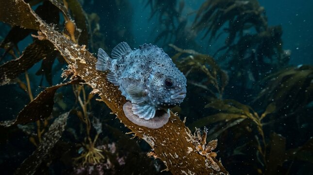A unique blue lumpfish resting on a kelp stalk underwater.