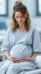 Obraz premium Pregnant Woman in Hospital Gown: A glowing expectant mother, adorned in a light blue hospital gown, tenderly cradles her pregnant belly with a gentle smile, seated on a medical examination bed.
