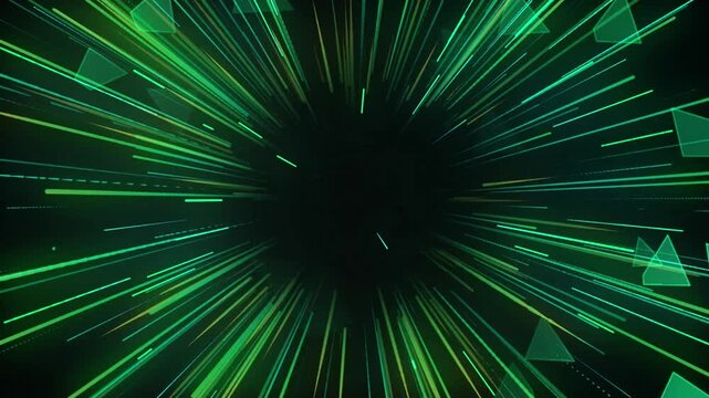 Light streaks radiate from a central point to create a dynamic sense of motion and speed within this complex digital abstract composition for modern media.