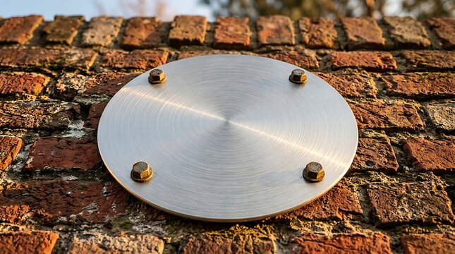 Round stainless steel plaque mounted on a rustic red brick wall