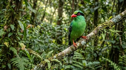 Fototapeta premium A vibrant green bird with a red beak perched on a mossy branch in a lush tropical rainforest.