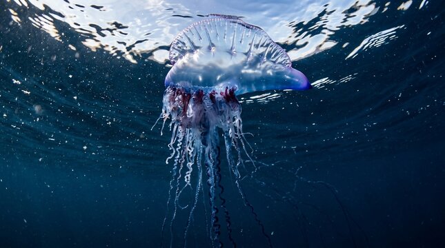 A vibrant Portuguese man o war floating in the deep blue ocean.