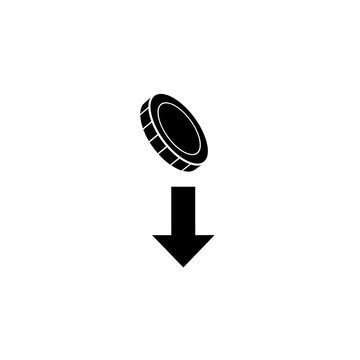 Black and white icon of a coin falling downwards with an arrow indicating negative financial trend or decreasing value business recession minimalist negative