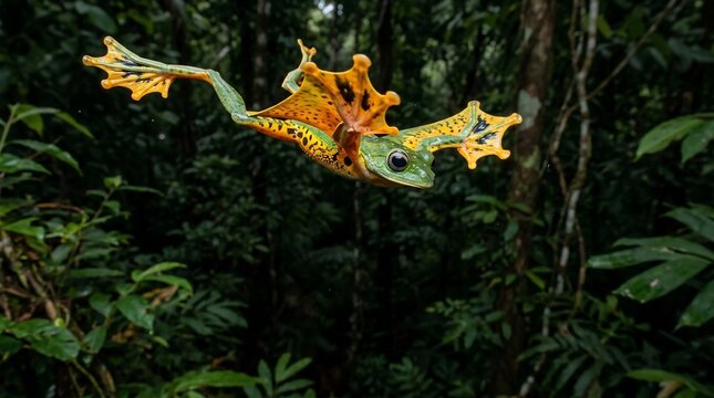 A vibrant Wallace flying frog leaps through the lush tropical rainforest canopy.