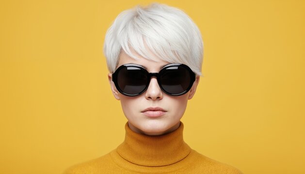 Stylish Woman with Blonde Pixie Cut and Sunglasses