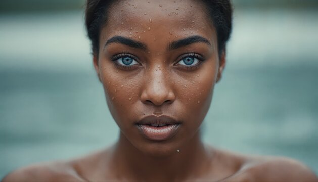 Intense Gaze: A striking close-up portrait of a woman with mesmerizing blue eyes and flawless dark skin, her expression intense and captivating against a soft, out-of-focus background.