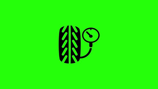 Clean 4K horizontal video showing a car tire connected to a pressure gauge silhouette representing inflation service bouncing. High quality garage app asset.