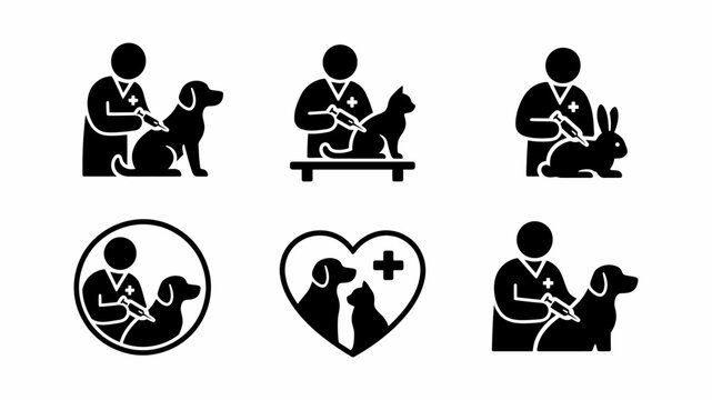Professional veterinarian service icons depicting pet vaccination medical injections and healthcare for domestic animals