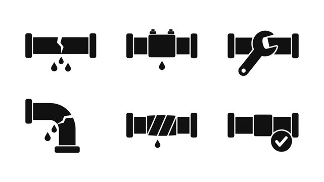 Plumbing pipe repair icons set showing broken pipes leaks wrench maintenance and successful fixed water system solutions