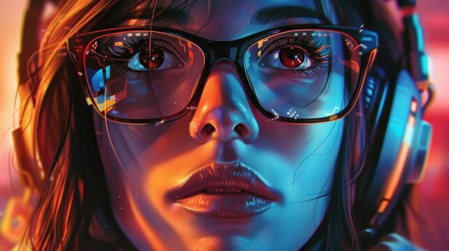 Woman with glasses and headphones close up portrait