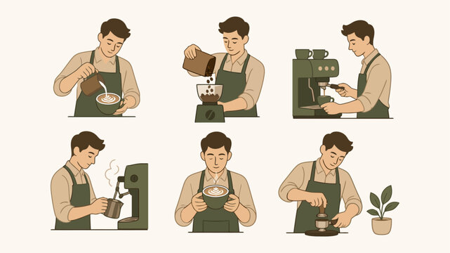 Professional barista character illustrations showing coffee preparation steps including grinding beans and espresso making