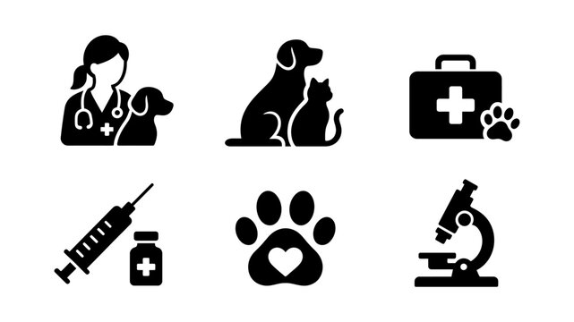 Collection of veterinary medicine icons including pet doctor dog cat first aid kit syringe and laboratory microscope