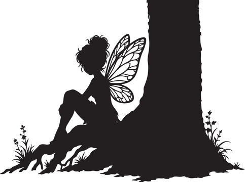 Silhouette of a Fairy Sitting at the Base of a Tree, Fantasy Graphic