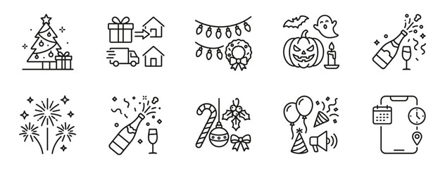 Fototapeta premium Christmas and new year outline icon set, winter holidays line icons collection vector.