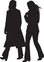 Black Silhouette of Two Stylish Women Walking Together in Motion © Picture Paradise