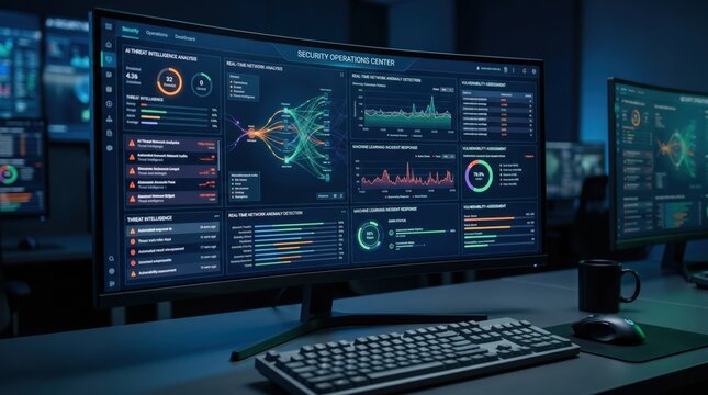 Security operations center dashboard displaying AI threat intelligence analysis, network traffic monitoring and vulnerability assessment on curved monitor
