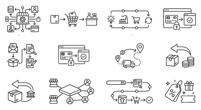 E-commerce and online shopping linear icon collection for digital payment systems.
