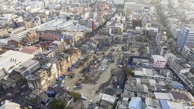 day time bangkok city center construction yard block aerial topdown panorama 4k timelapse thailand