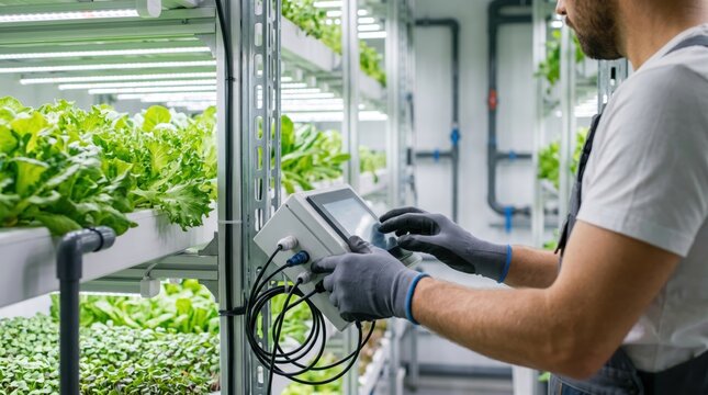 Farmer using smart control panel to monitor indoor vertical farming system, hydroponic agriculture, sustainable food production, urban gardening, organic vegetables