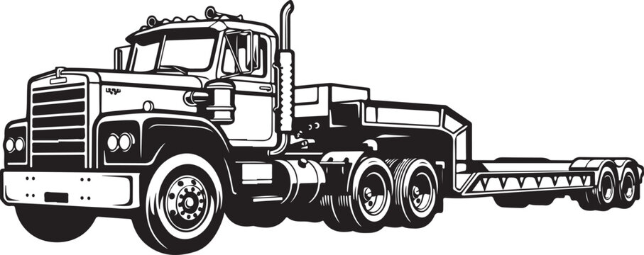 Detailed black and white vector illustration of a classic heavy duty semi truck with an empty flatbed trailer isolated on a clean white background