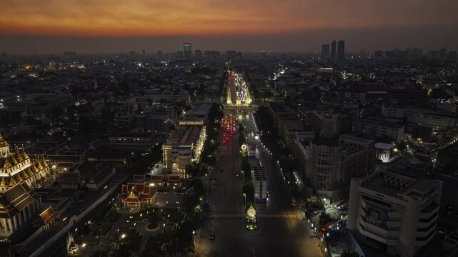 sunset sky twilight bangkok city traffic street aerial panorama 4k timelapse thailand
