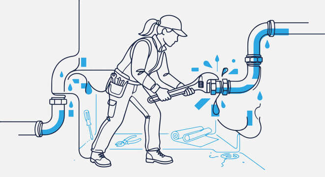 Monoline flat vector illustration, a single continuous line depicting a plumber tightening a pipe fitting, accented