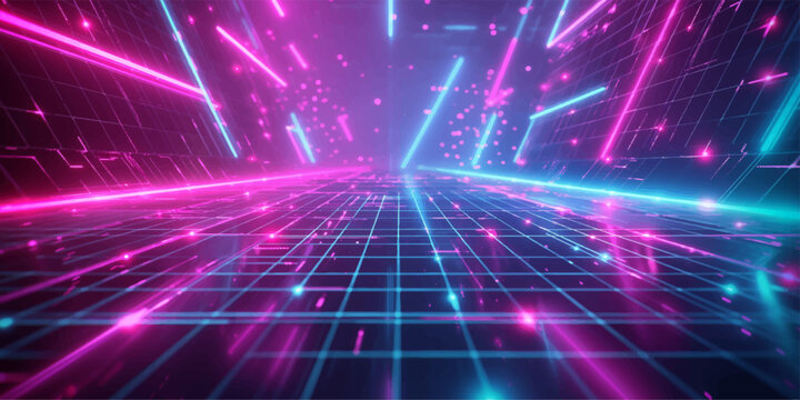 Abstract purple and blue background loop features a glowing laser design with bright neon space energy and shiny tech star bursts