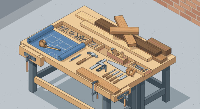 Isometric flat vector style, an overhead view of a carpenter&rsquo;s workbench with scattered nails, a blueprint, 