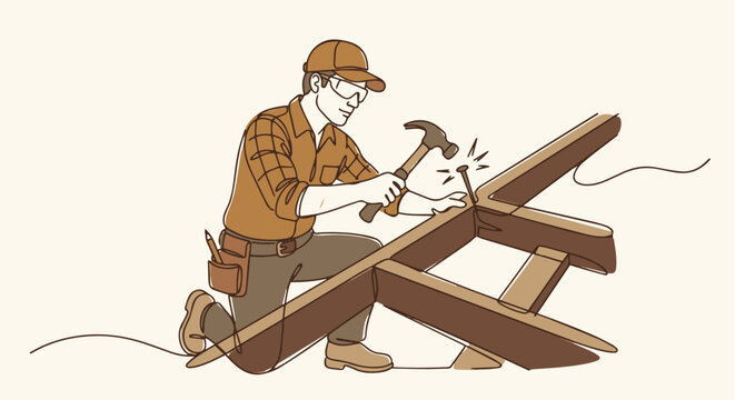 Monoline flat vector illustration, a single continuous line depicting a carpenter hammering a nail into a wooden frame, 
