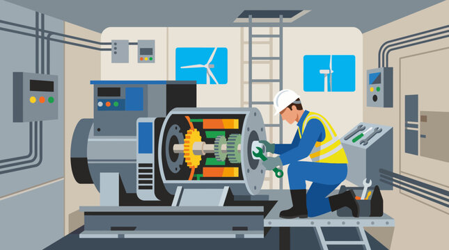 Technician maintaining industrial generator in wind turbine nacelle