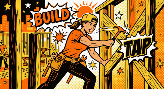 Flat vector pop-art style, dynamic scene of a carpenter framing a wall, stylized "TAP" and "BUILD" text icons, high-contrast colors