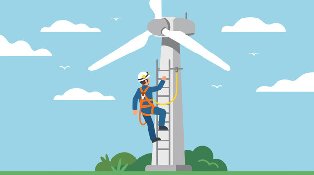 Technician climbing a wind turbine for maintenance and repair