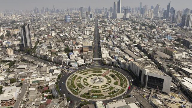 sunny day flight over bangkok city famous traffic street circle aerial panorama 4k timelapse thailand
